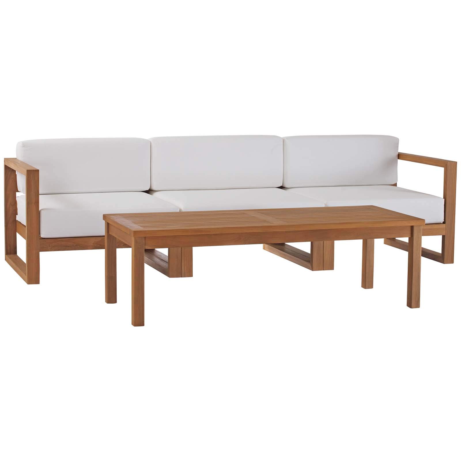 Modway EEI-4257-NAT-WHI-SET 4-Piece Teak Wood Patio Furniture Set with Sofa & Coffee Table in Natural White - Perfect for Outdoor Living, Garden, Poolside & Backyard Relaxation