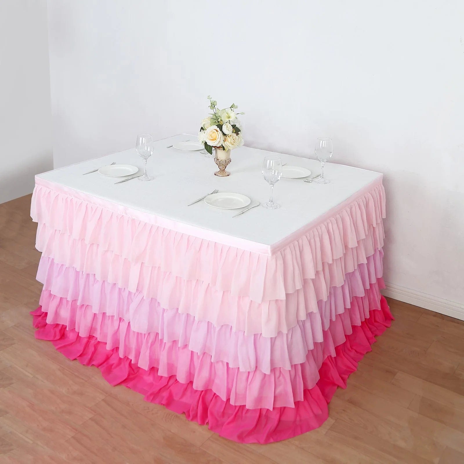 14 ft Chiffon 5 Tier Ruffled Tutu Table Skirt with Satin Backing - Elegant Party Decor for Weddings, Baby Showers & Banquets