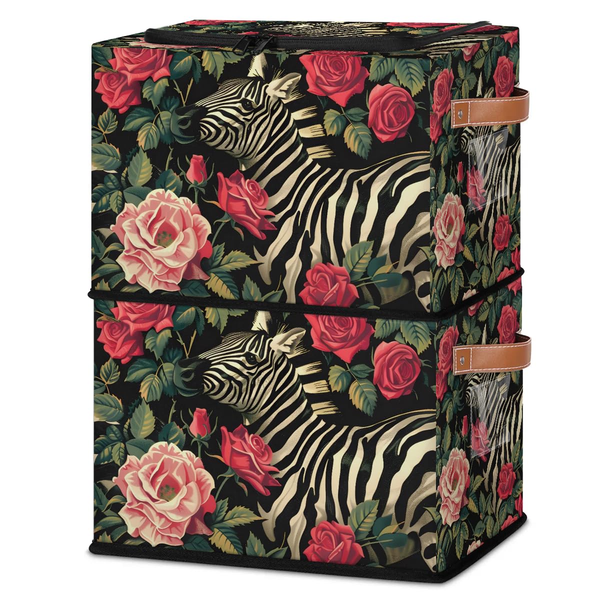 Rose Red Zebra Storage Bins with Zipper Lid - 2 Pack Stackable Storage Baskets with Metal Frame & PU Handles - Closet Organizer Cube for Clothes, Toys, or Blankets - Perfect for Bedroom, Nursery, or Office Storage Solutions