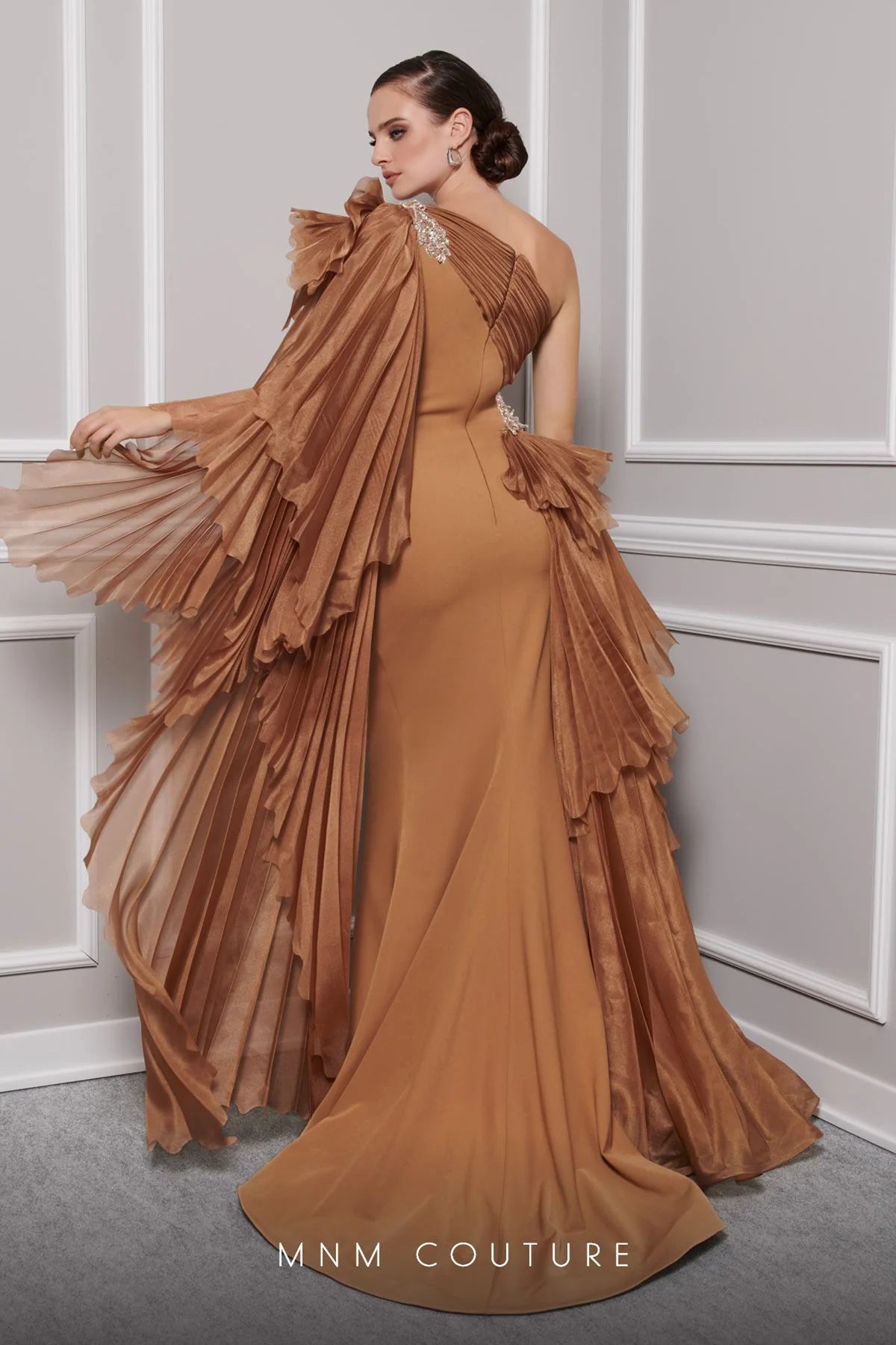 Ariane One Shoulder Long Sleeve Organza Evening Gown - MNM Couture F02801 | Elegant Prom Dress, Wedding Guest Gown & Formal Party Wear