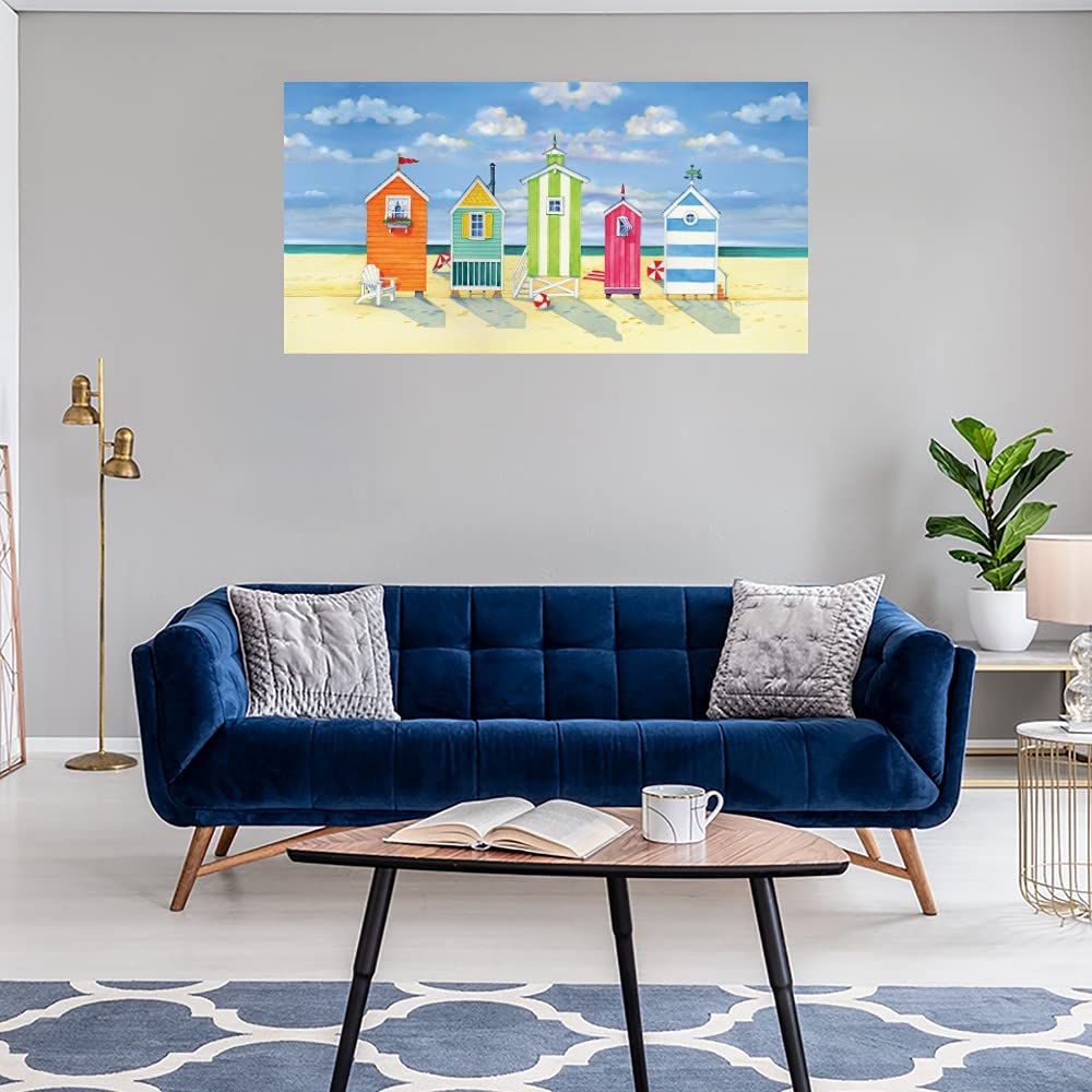 Brighton Beach Huts Canvas Wall Art by Paul Brent - 40x21 Inch Ready to Hang Painting for Living Room, Bedroom, Office Decor - Coastal Themed Home & Beach House Wall Decor