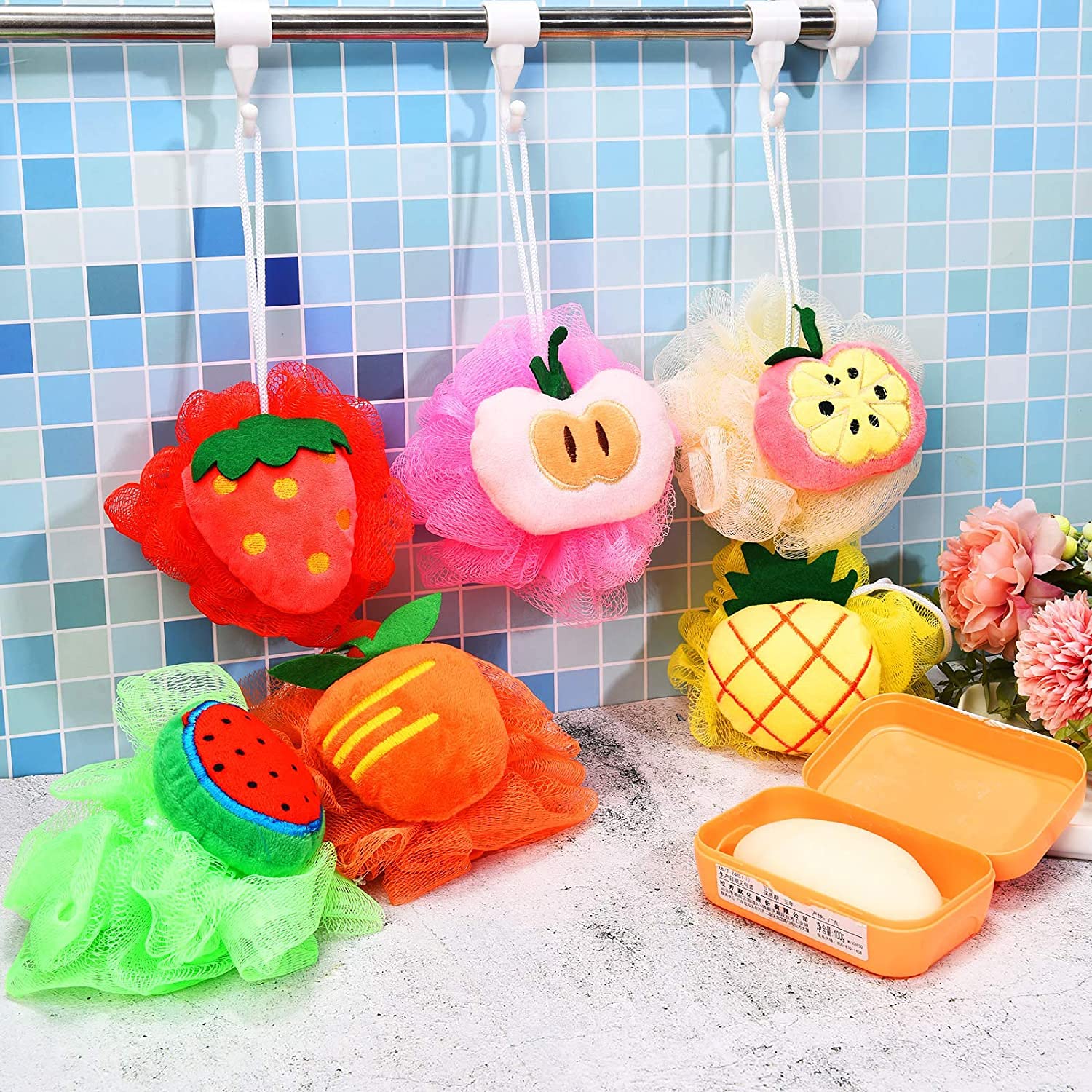 Bluwings 2-Pack Cute Fruit Bath Sponge Loofah Mesh Pouf - Colorful Cartoon Body Scrubber for Kids & Adults - Exfoliating Shower Ball for Gentle Skin Care - Perfect for Daily Bathing and Spa Relaxation