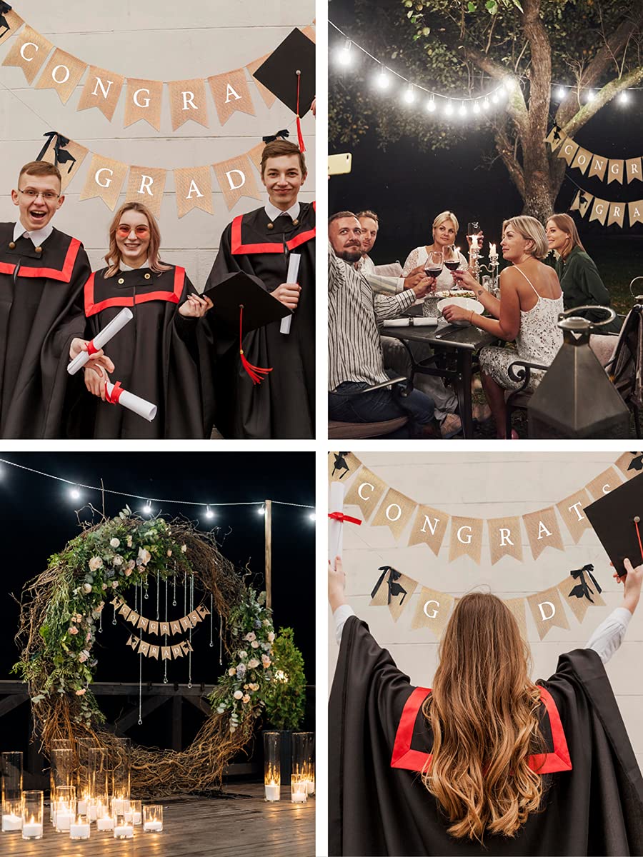 Mandala Crafts Burlap Graduation Banner - Congrats Grad Decor for Graduation Party, Ceremony & Photo Backdrop - Hanging Garland Bunting Flag Sign for High School & College Celebrations