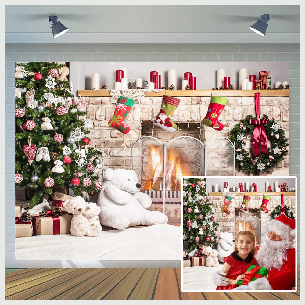 7x5ft Christmas Backdrop - Fireplace with White Brick & Bear for Kids Studio Photography