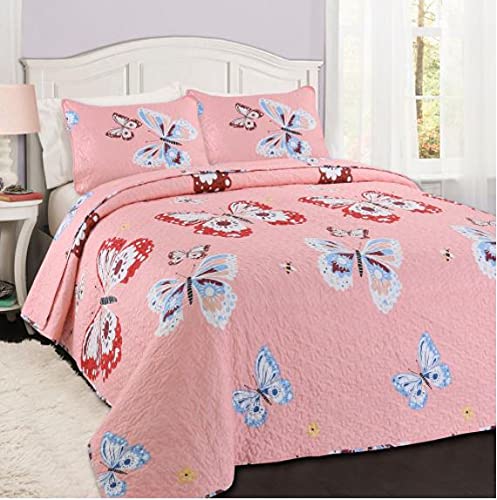 3-Piece Butterfly Quilt Bedding Set - 100% Cotton Full/Queen Size Comforter Cover - Soft & Breathable for Bedroom Decor - Perfect for Spring/Summer or Guest Room Makeover