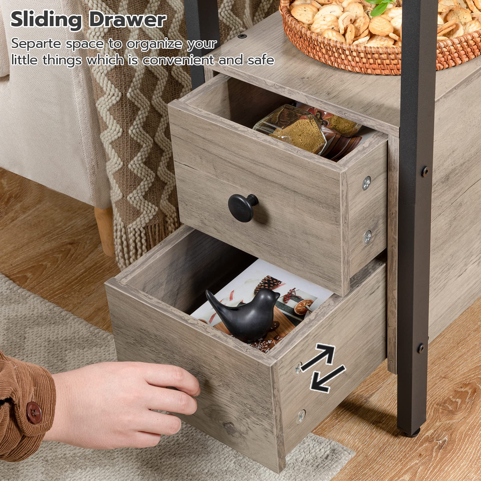 HOOBRO Set of 2 Narrow End Tables with Charging Station, USB Ports & Power Outlets, Nightstand with Drawers for Small Spaces - Greige and Black BG541BZP201 | Perfect for Living Room, Bedroom & Office Use