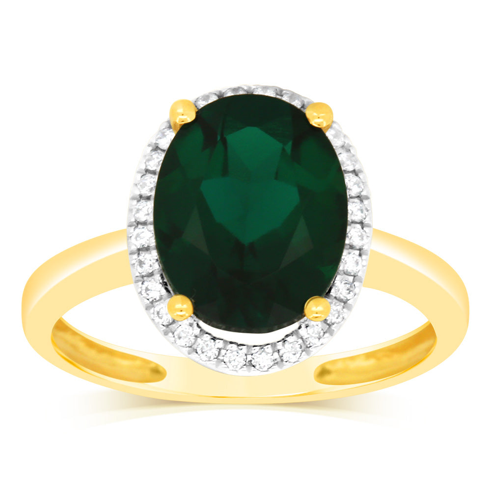 9ct Yellow Gold 2.9 Carat Lab-Created Emerald & 28 Cubic Zirconia Ring for Women - Elegant Wedding, Engagement & Anniversary Jewelry Gift