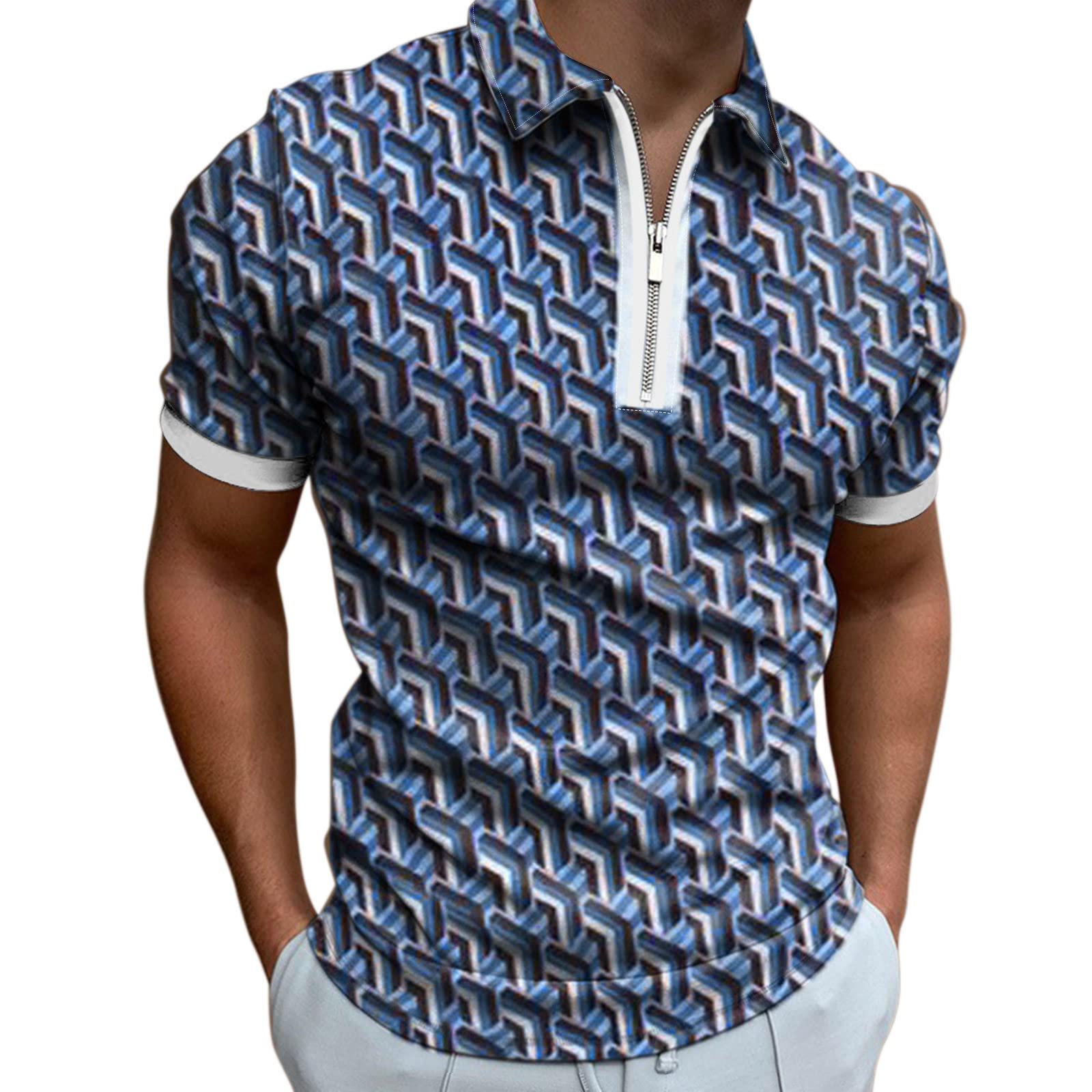 Men's Casual Printed Zipper Down Collar Short Sleeve Blouse Shirt - White Spandex Top for Summer Outfits & Streetwear Fashion