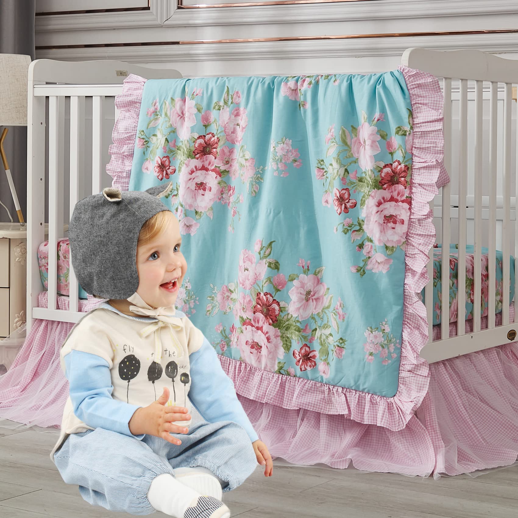 Brandream Baby Girls Crib Bedding Set - 3-Piece Watercolor Botanical Floral Nursery Set in Pink, Green, Blue & Aqua | Boho Farmhouse Style with Ruffles & Roses | Perfect for Nursery Decor, Baby Shower Gifts & Newborn Photography Backdrops