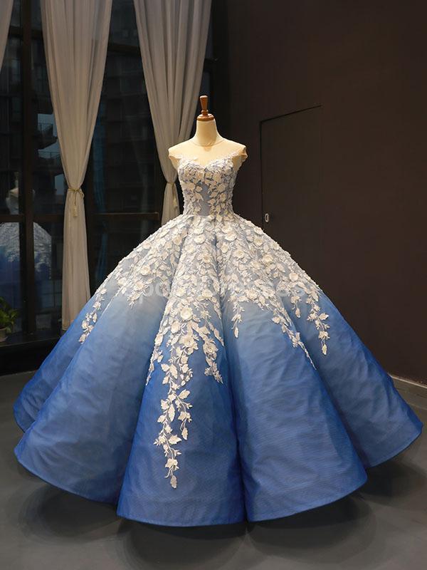 Elegant Ombre Blue Ball Gown Prom Dress with Jewel Neckline - Perfect for Evening Parties, Prom Nights & Formal Events | Style 12254