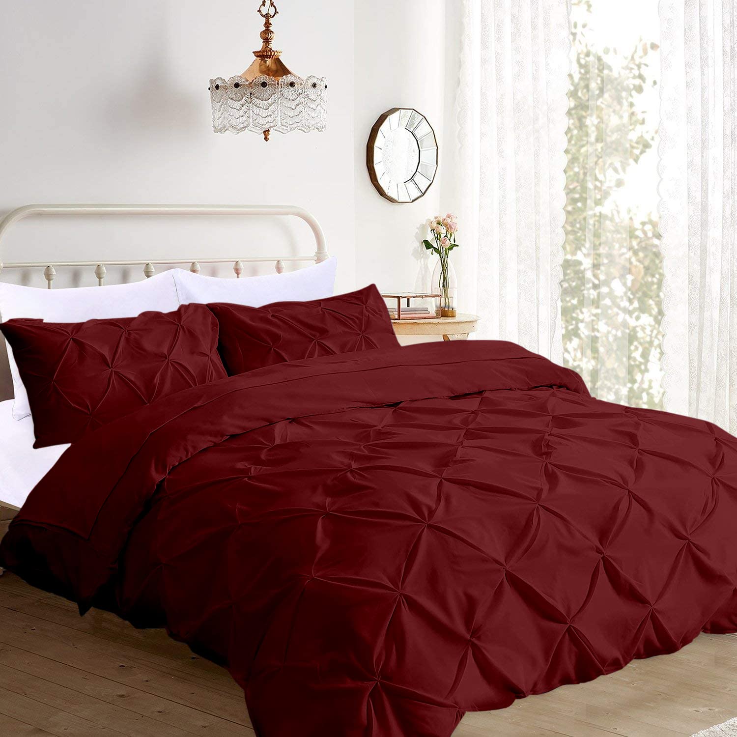 Premium Twin Size Pinch Pleated 3-Piece Duvet Cover Set - 600 Thread Count Combed Cotton with Hidden Zipper Closure (Solid Burgundy) - Elegant Bedroom Decor for Guest Rooms, Dorms & Cozy Spaces