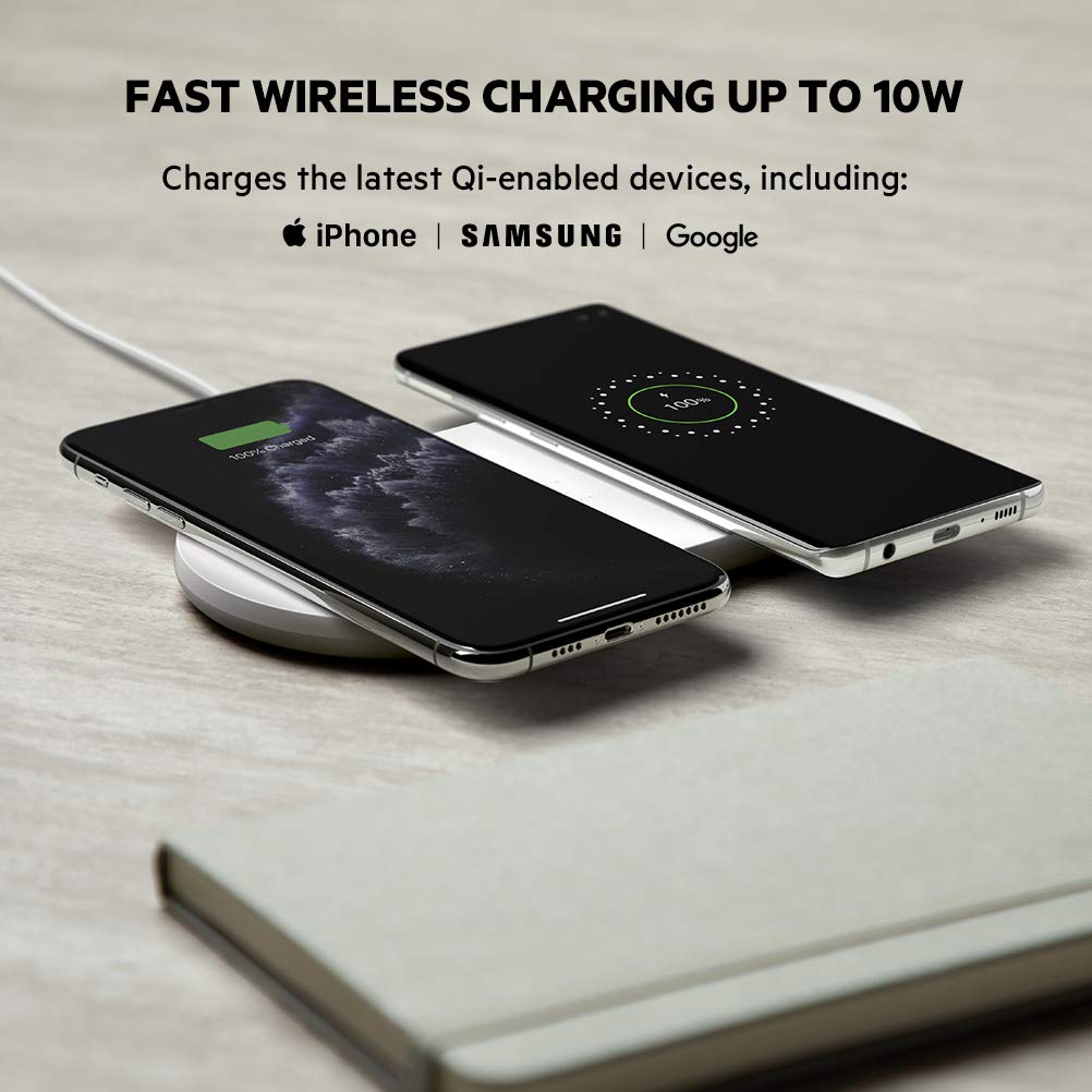 Belkin 10W Fast Wireless Charging Pad - Dual Qi-Certified Charger for iPhone 12/11 Series, Galaxy S20/S20+/S20 Ultra, Pixel 4/4XL & AirPods - Perfect for Bedside, Office Desk & Travel - White