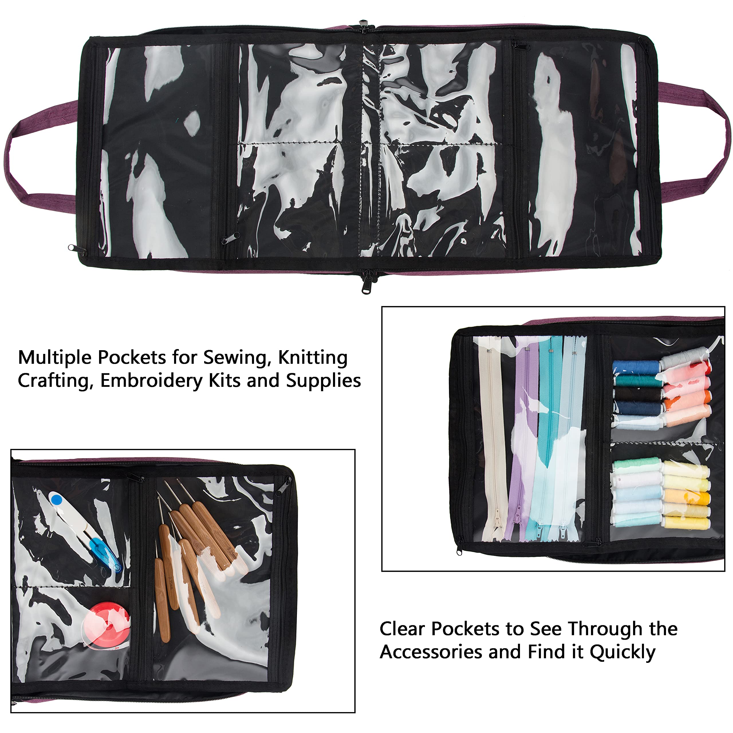PACMAXI Sewing Accessories Storage Bag - Large Knitting & Craft Tools Organizer with Multiple Pockets - Portable Carrying Case for Sewing Supplies, Needles & Thread (Purple) - Perfect for Home Sewing Projects, Travel & Craft Classes