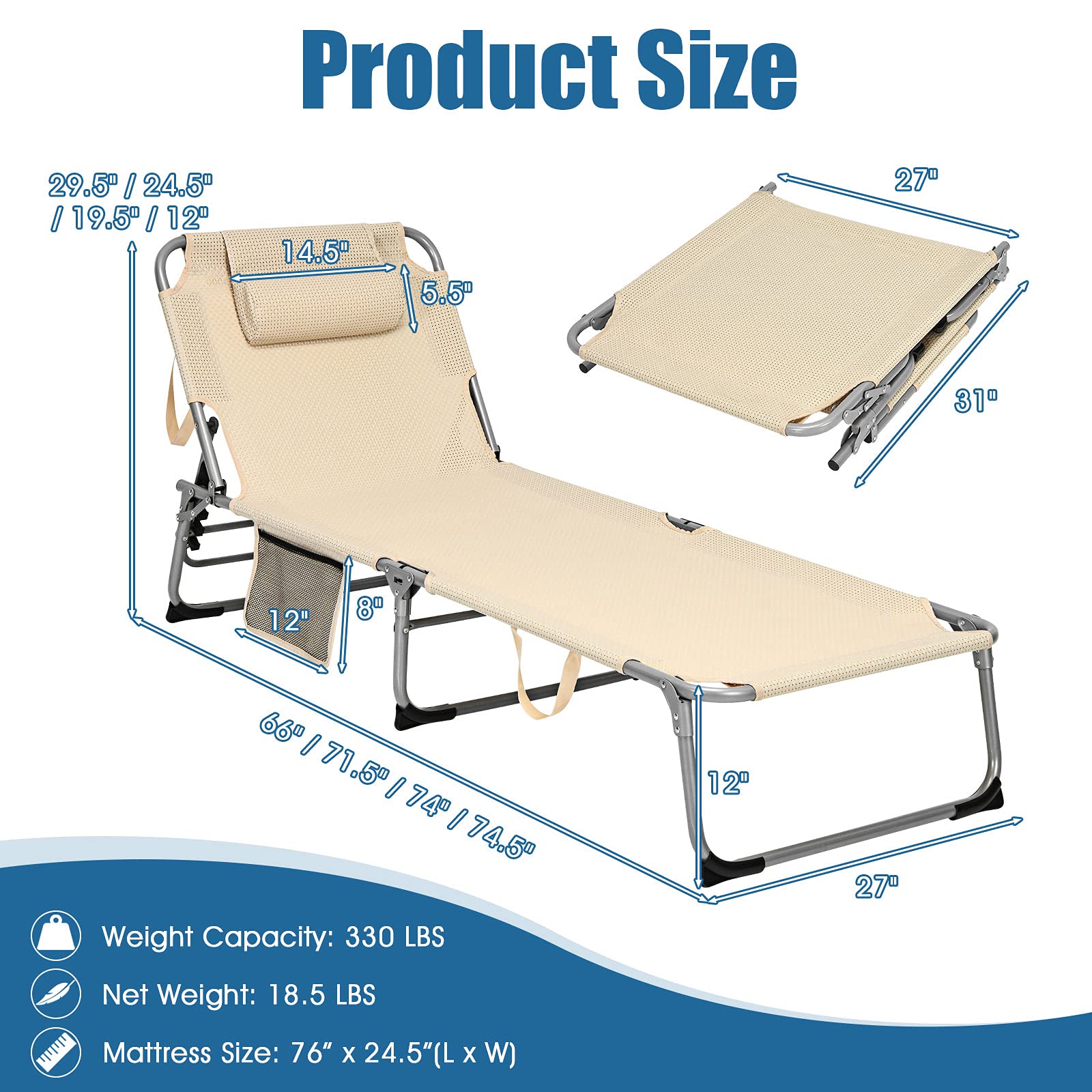 Giantex Adjustable Folding Chaise Lounge Chair with Mattress & Pillow - 4 Reclining Positions, Side Pocket - Perfect for Beach, Pool, Patio, Lawn, Deck & Camping (Beige, 2-Pack) - Ideal for Sunbathing, Relaxing & Outdoor Leisure