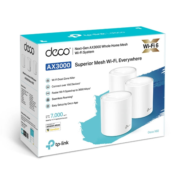 Deco X60 AX3000 Whole Home Mesh WiFi System 3-Pack - Seamless Coverage for Large Homes, Offices & Smart Devices