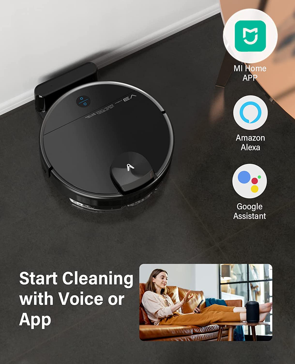 VIOMI Smart Robot Vacuum V3 Max - 4000Pa Strong Suction, LiDAR Navigation, Self-Charging, Works with Alexa & Google Home - Ideal for Hardwood Floors, Carpets & Pet Hair Cleaning (Black)