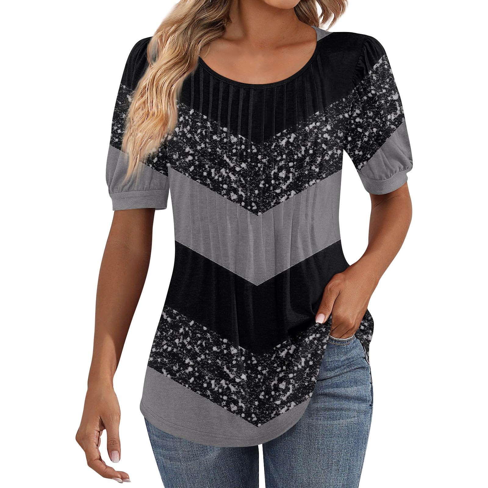 Plus Size Women's Summer Short Sleeve Tops - Floral Ruched Cotton Blouses & Tunic T-Shirts for Fall - Round Neck Casual & Dressy Tops for Work, Date Night & Everyday Wear