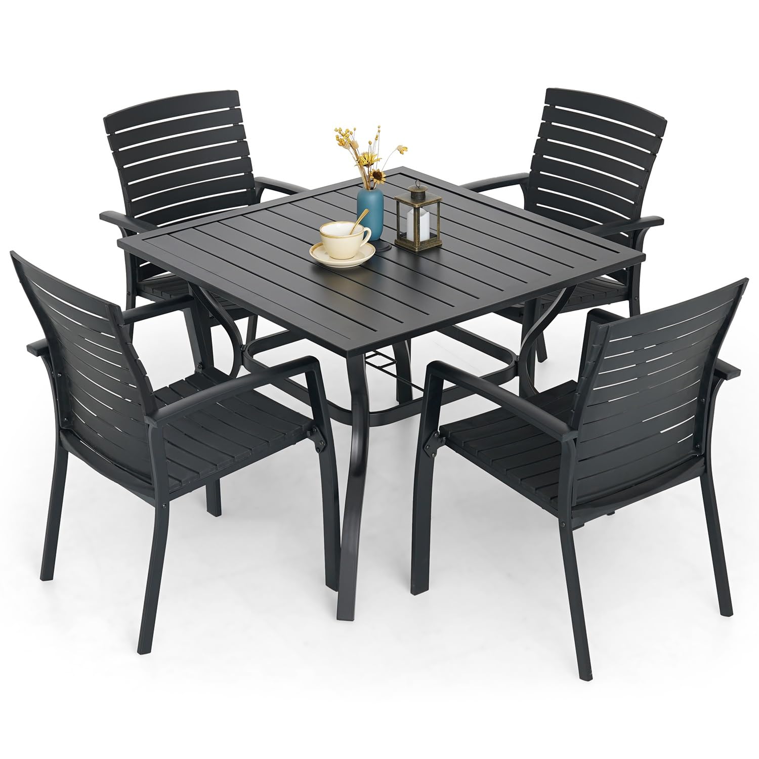 5-Piece Outdoor Patio Dining Set - 4 Stackable Aluminum & Plastic Chairs with 35