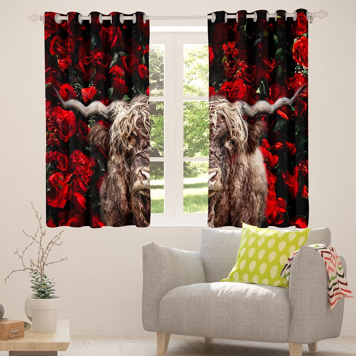 Romantic Rose Highland Cattle Curtains for Bedroom & Living Room Decor - 42