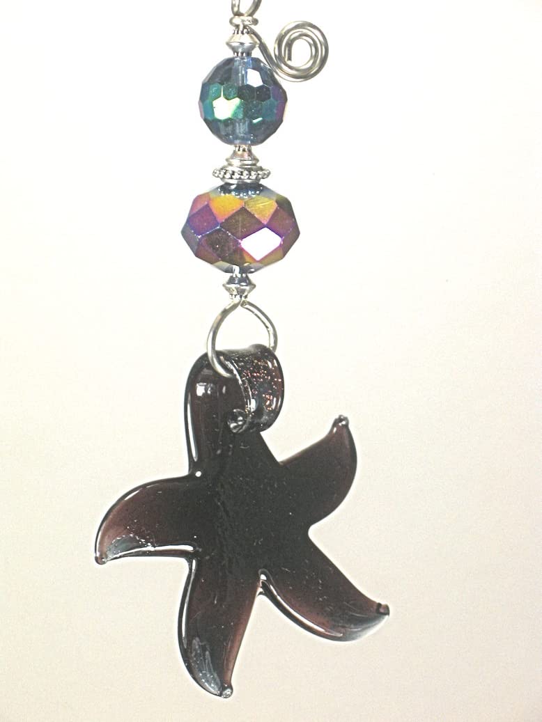 Iridescent Purple Stardust Starfish Lampwork Glass Ceiling Fan Pull - Handmade Glass Pendant for Home Decor, Coastal Theme Bedroom Lighting Accessory