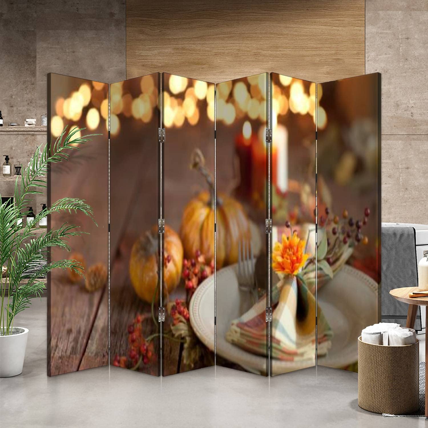 6 Panel Rustic Wood Folding Room Divider Screen - Autumn Thanksgiving Dining Table Decor, Privacy Partition for Home & Office - Perfect for Room Separation, Event Backdrops, and Cozy Interior Design