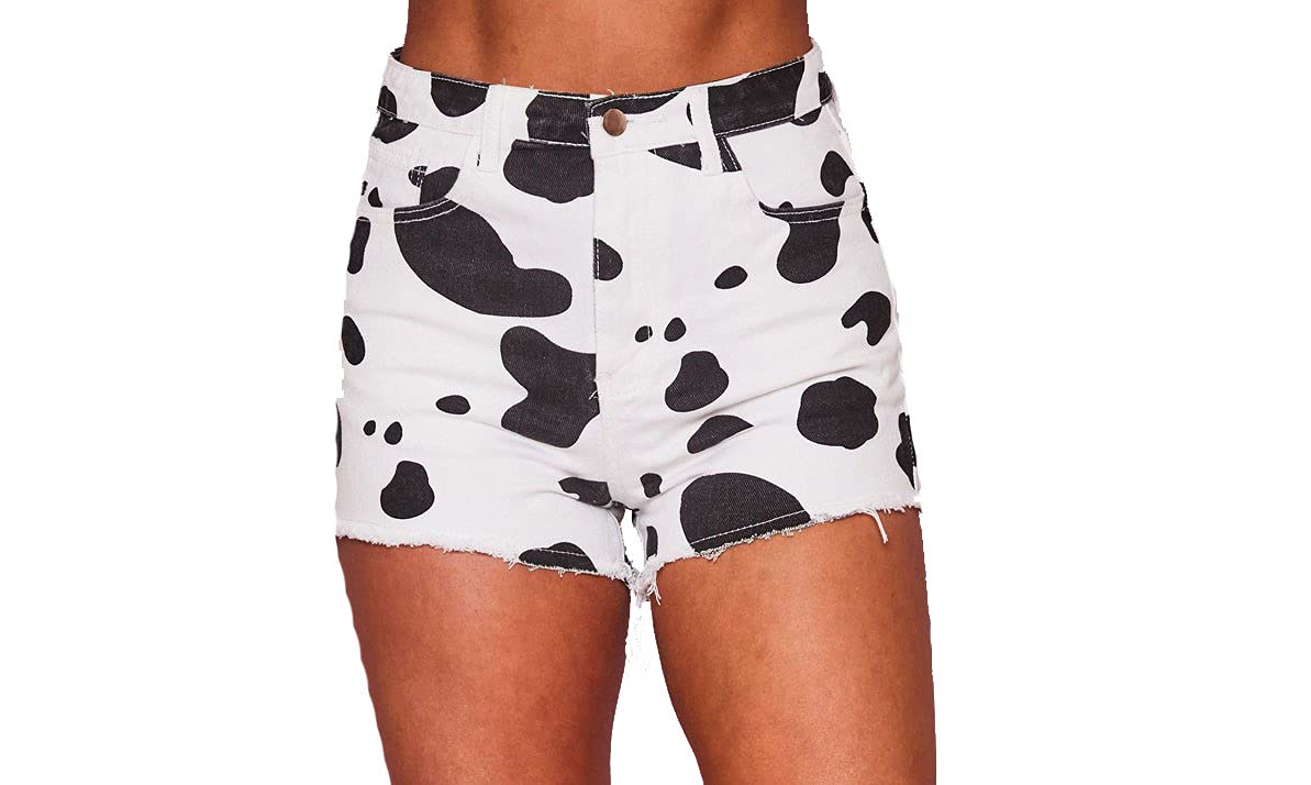 Peach Love California Women's The Angie Dalmatian Printed Denim Shorts - High Waisted Distressed Denim Cutoffs for Summer, Beach, and Casual Outfits