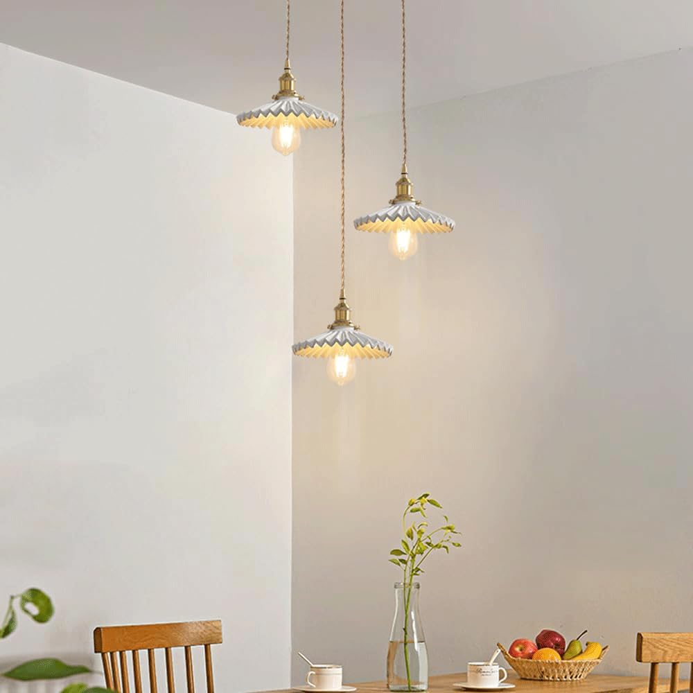 White Ceramic Pendant Light Fixture with On/Off Switch - Pleated Chandelier Design with E26 Socket - 7.87 Inch Diameter - Perfect for Kitchen Island, Dining Room, Hallway & Modern Home Decor Lighting