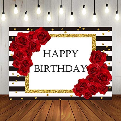 7x5ft Red Rose Birthday Photo Booth Backdrop - Black & White Striped Photography Background for Happy Birthday Party Decorations, Cake Table Banner - Perfect for Birthday Celebrations, Baby Showers & Anniversary Parties