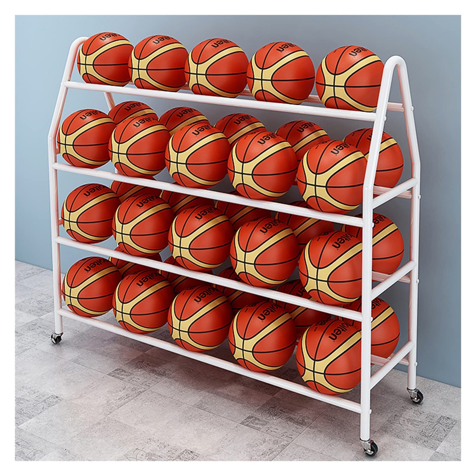 Portable 4-Tier Basketball Rack with Wheels - Adjustable Rolling Basketball Shooting Training Stand & Sports Ball Storage Organizer for Garage, Gym, or Backyard Practice