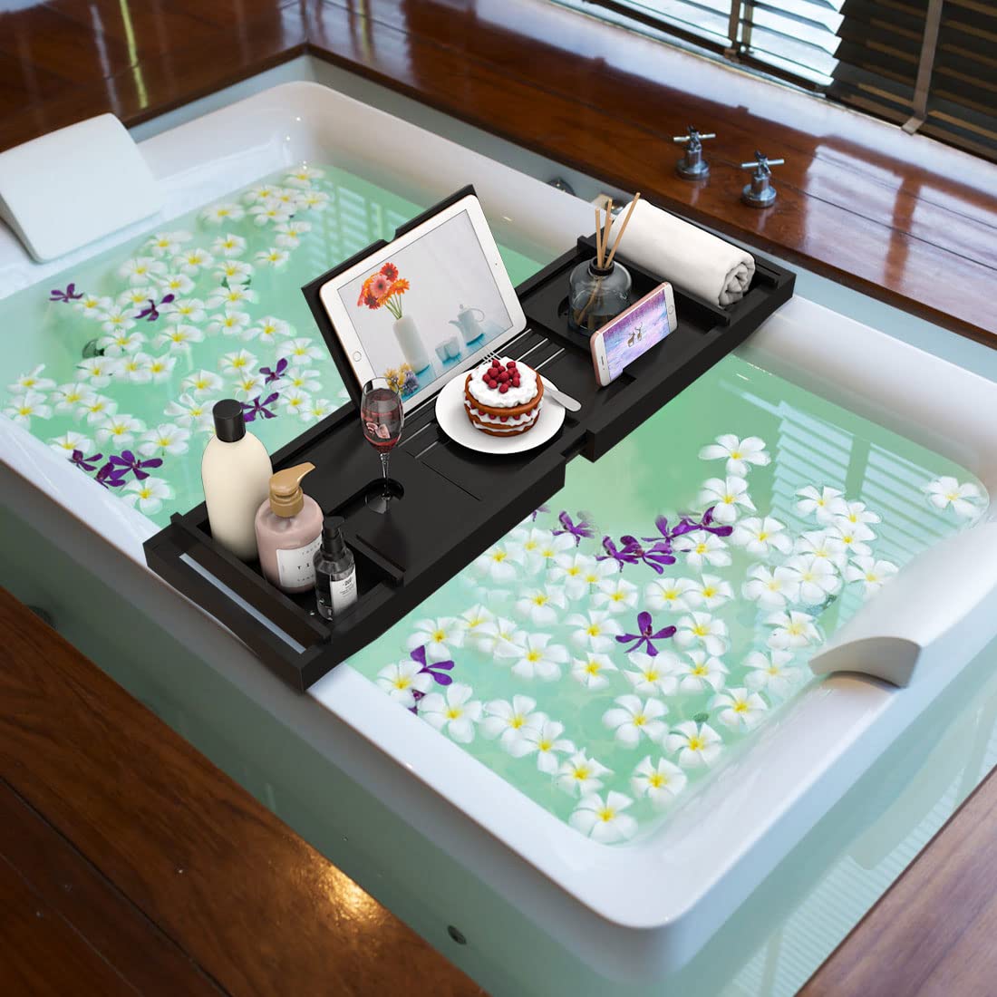 Premium Expandable Bamboo Bathtub Tray with Wine Glass Holder & Book Stand - Adjustable 29.5