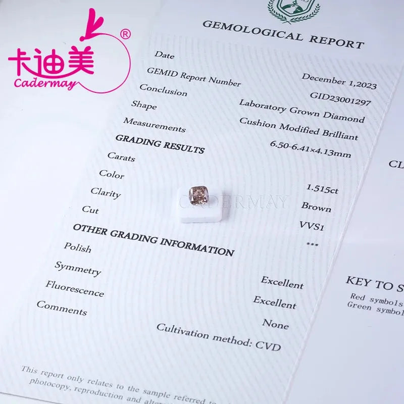 1.55CT Brown CVD Lab Grown Diamond Loose Stone - VVS1 Clarity, Cushion Shape EX Cut for Jewelry Making | Engagement Rings, Necklaces & Custom Designs