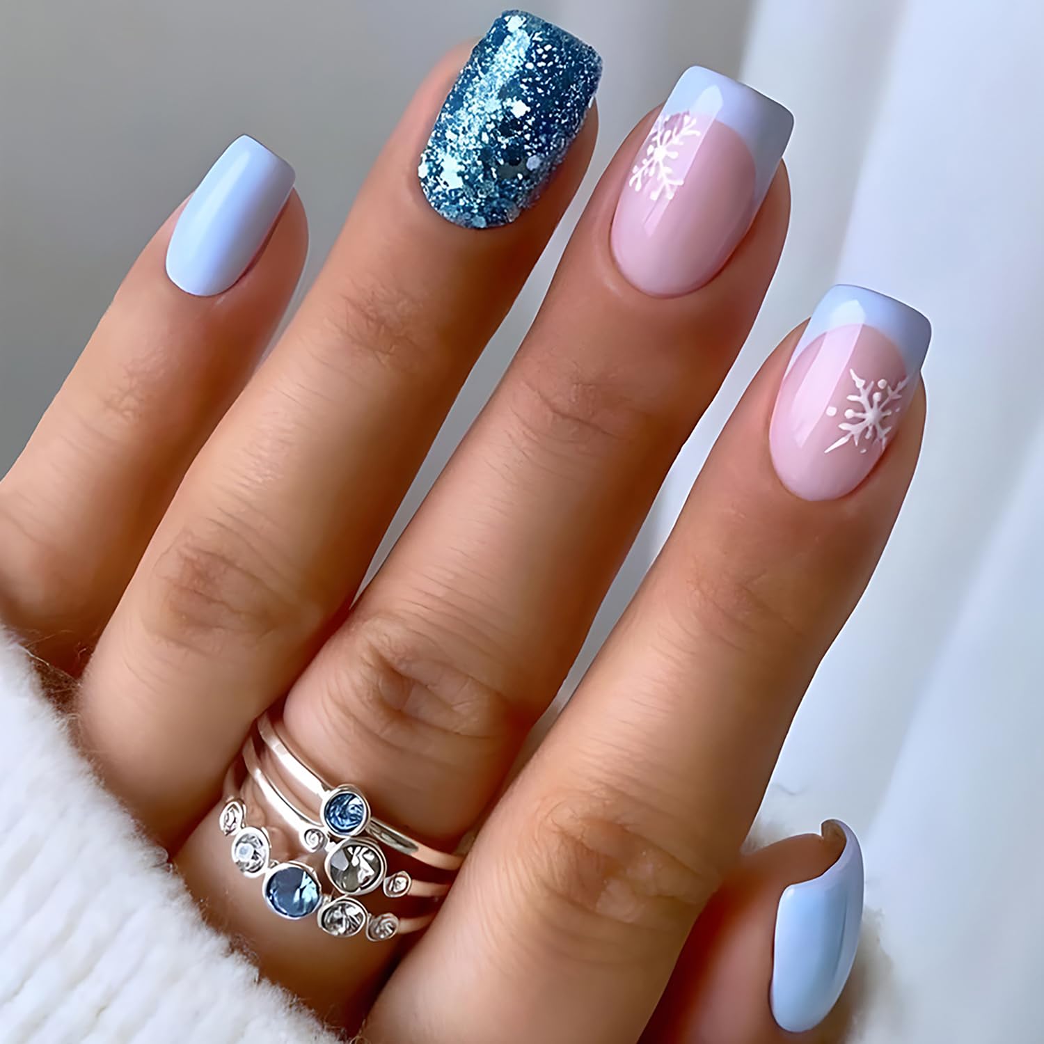 24Pcs Christmas Press on Nails - Medium Square Fake Nails with Snowflake & Blue Glitter French Tip Design, Full Cover Acrylic Glue on Artificial Nails for Women | Perfect for Holiday Parties, Gift Giving & Winter Manicures