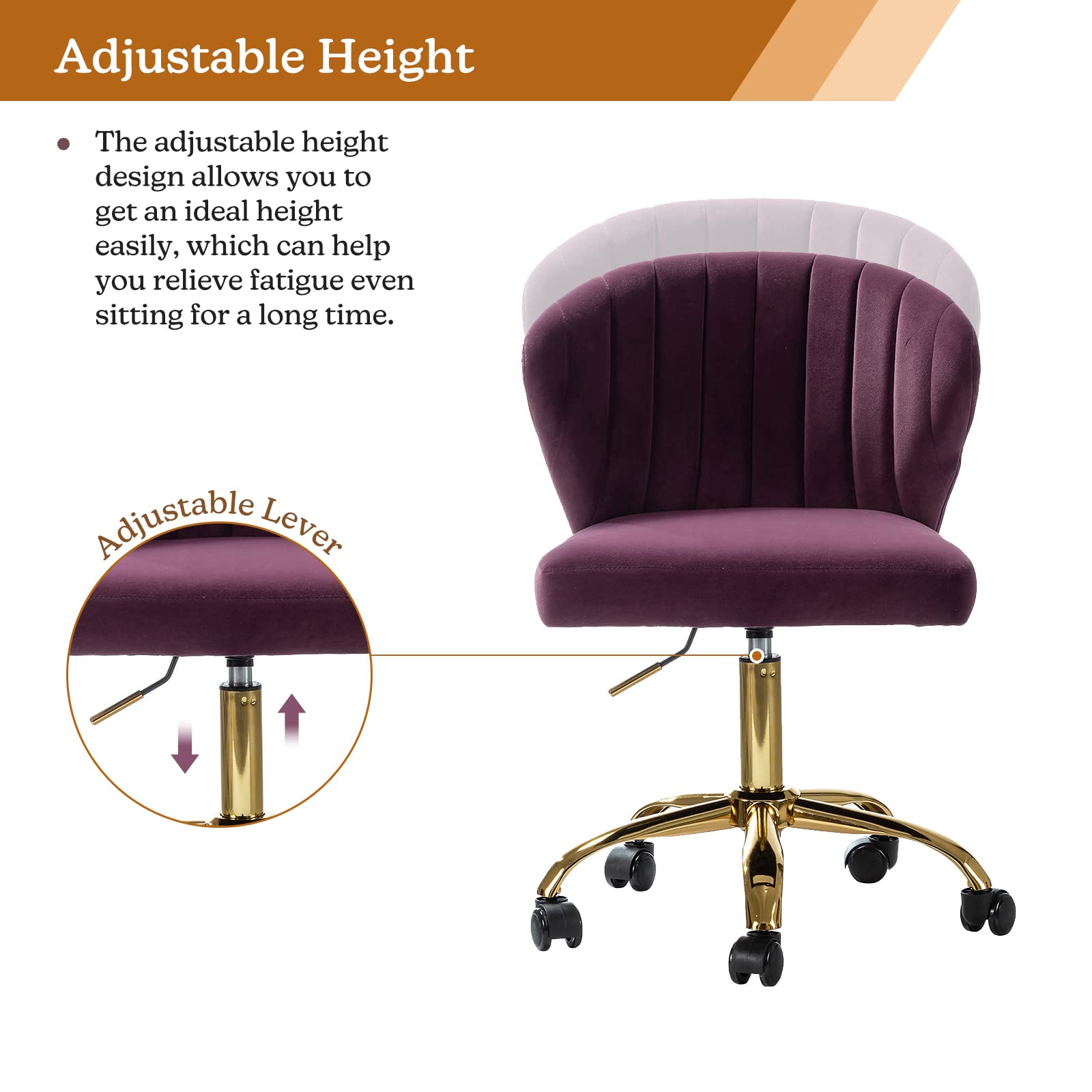 TINA'S HOME Modern Velvet Office Chair with Wheels & Gold Base - Adjustable Low Back Swivel Rolling Task Chair for Home Office, Living Room, Vanity & Study (Purple) - Ergonomic Armless Design for Comfortable Workspace & Study Sessions