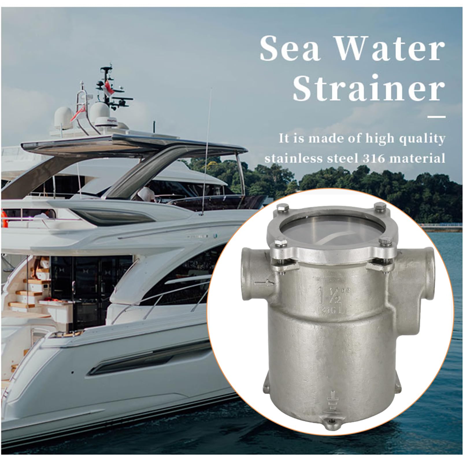 316 Stainless Steel 1.5 Inch Marine Water Strainer - Boat Seawater Filter for Engine Cooling System, Bilge Pump & Marine Hardware Fittings | Saltwater & Freshwater Use