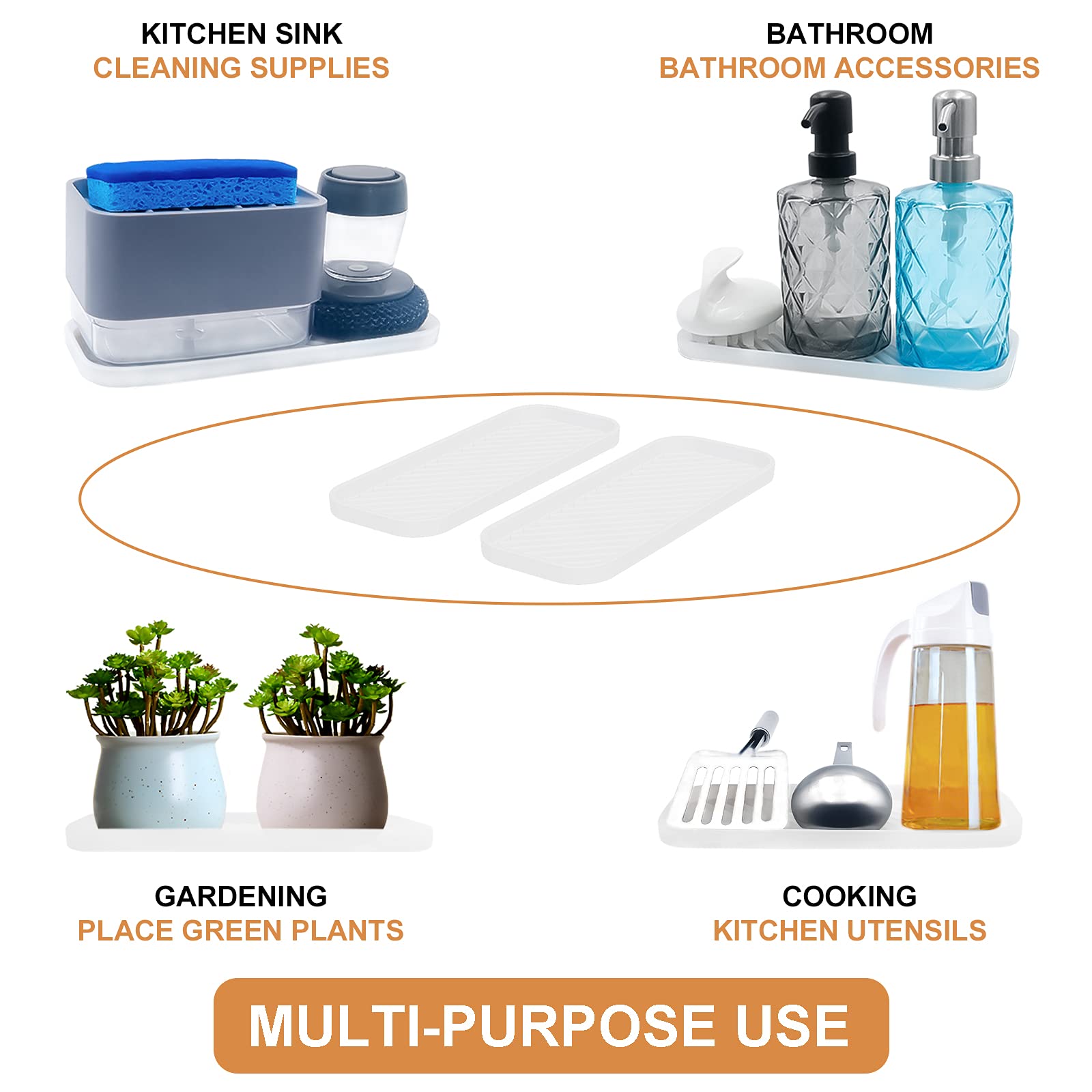 Clear Silicone Organizer Tray - 2 Pack Kitchen Sink & Bathroom Storage Tray for Soap, Sponge, Dish Brush & Accessories | Perfect for Organizing Dishwashing Supplies & Bath Essentials