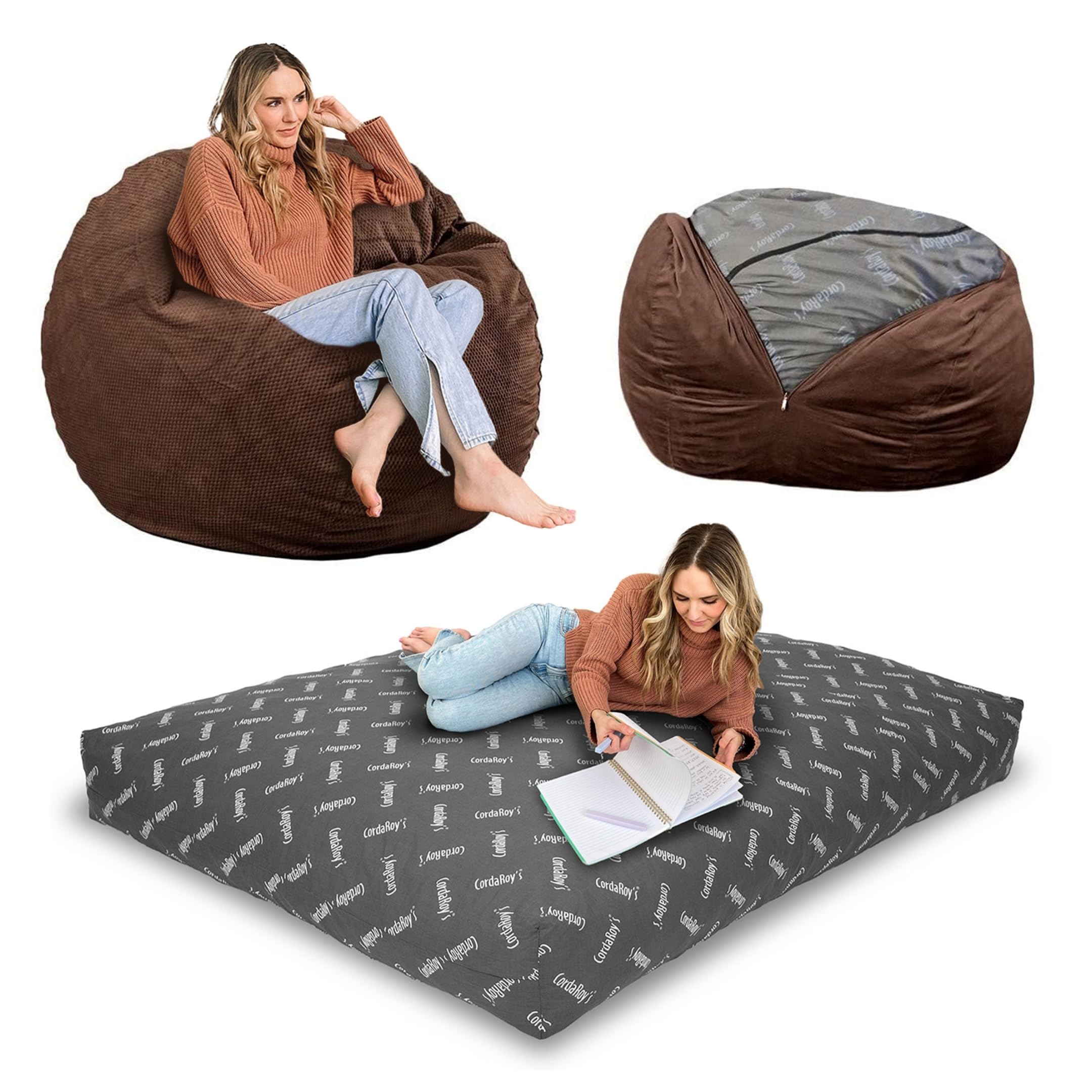 CordaRoy's Chenille Bean Bag Chair - Convertible Folding Chair from Bean Bag to Lounger, Full Size Espresso (As Seen on Shark Tank) - Perfect for Living Room, Bedroom, Game Room & Dorm Relaxation