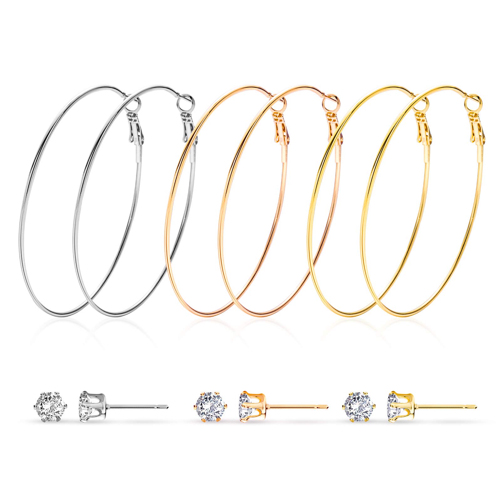 14K Gold Plated Hoop & Cubic Zirconia Stud Earrings Set for Women - 6 Pairs (Rose Gold/White Gold) | Trendy Dangle Hoops & Sparkling Studs | Perfect for Parties, Weddings & Everyday Wear