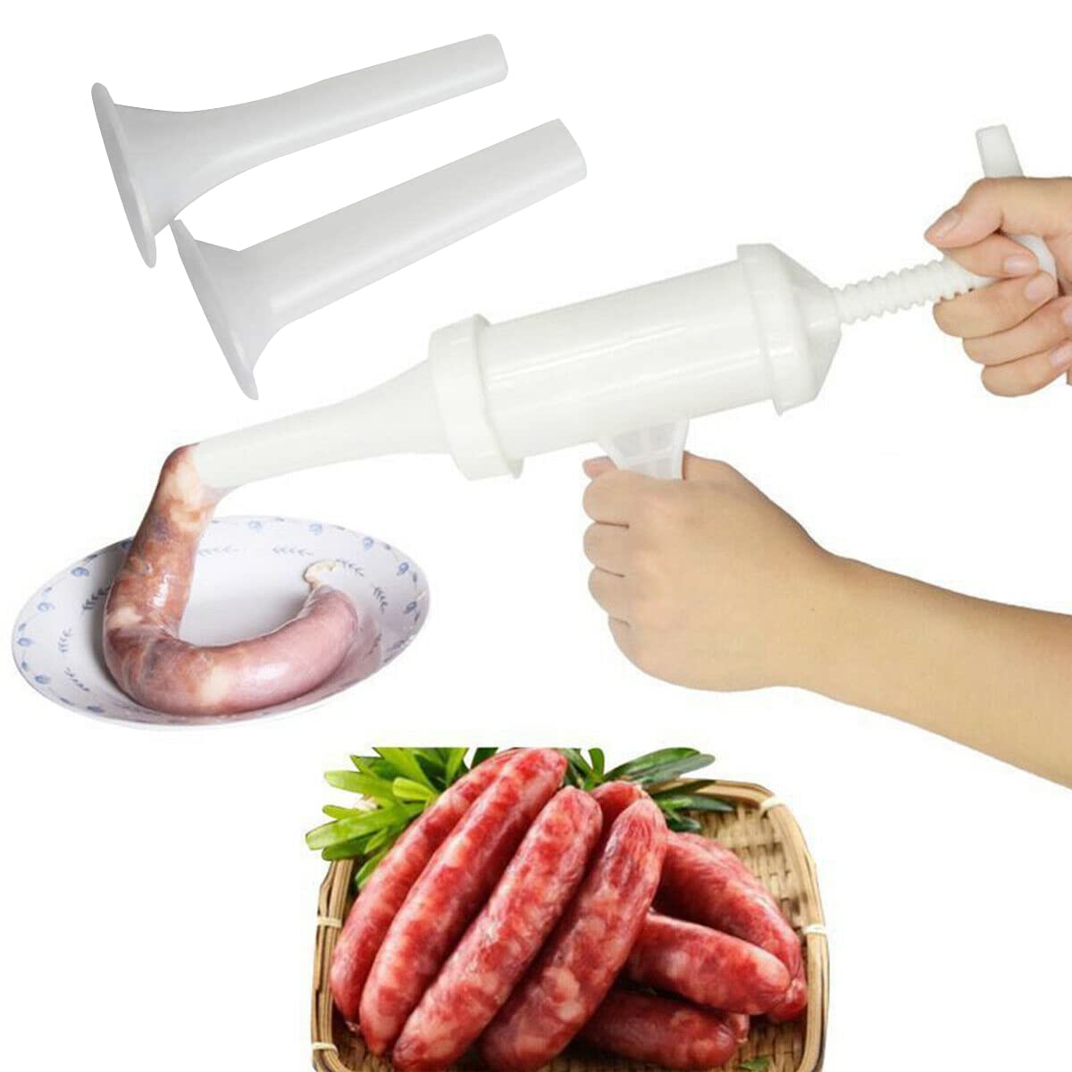 Premium Manual Sausage Stuffer - Hand Operated Meat Filler & Salami Maker with Stainless Steel Funnel (White, Large Size) - Perfect for Home Kitchen, BBQ Parties & Charcuterie Making