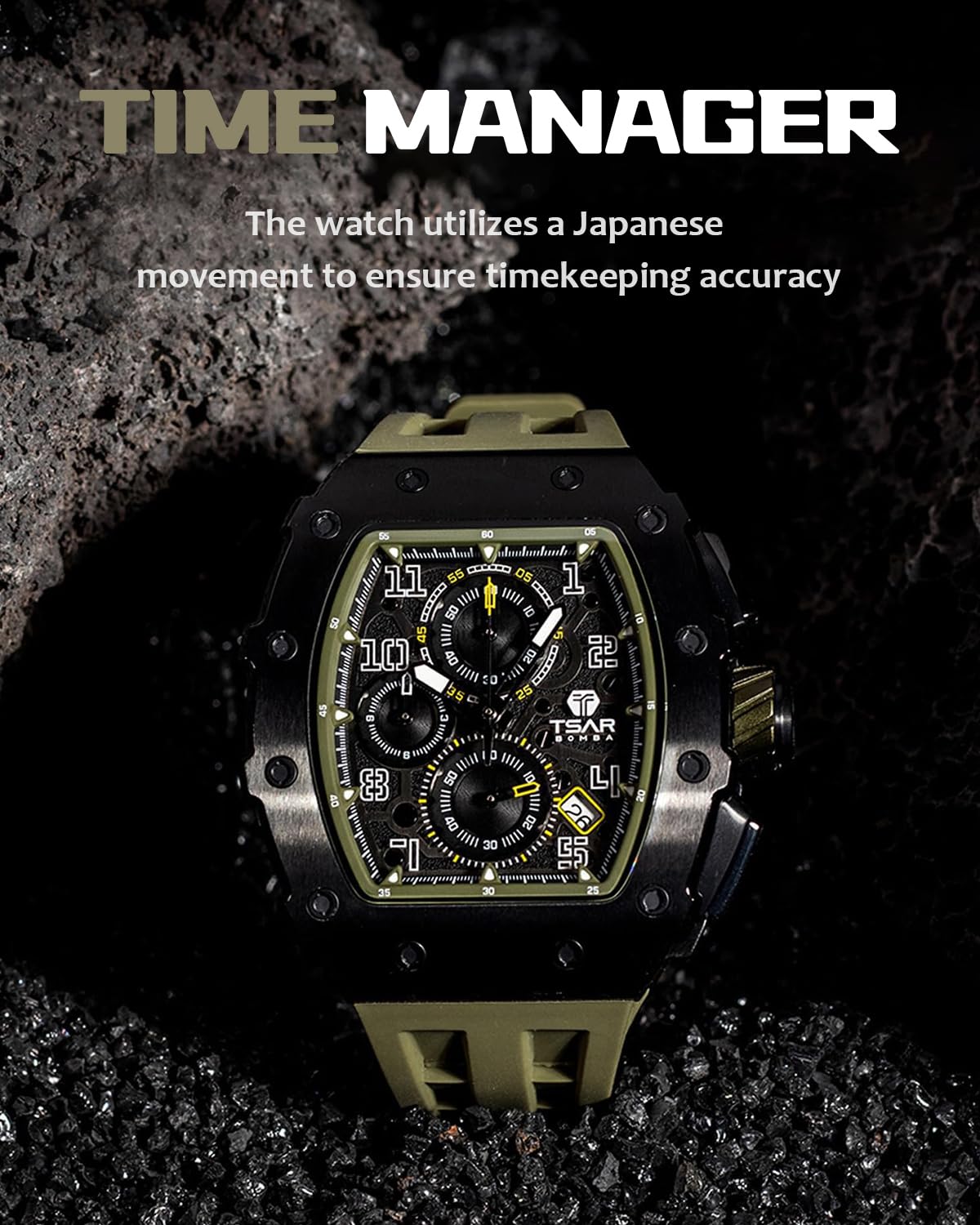 Luxury Tonneau Men's Watch - Waterproof 50M Analog Chronograph with Date Calendar - Business Dress & Diver Watch for Work & Formal Occasions - Large Square Face Wristwatch for Professional & Casual Wear