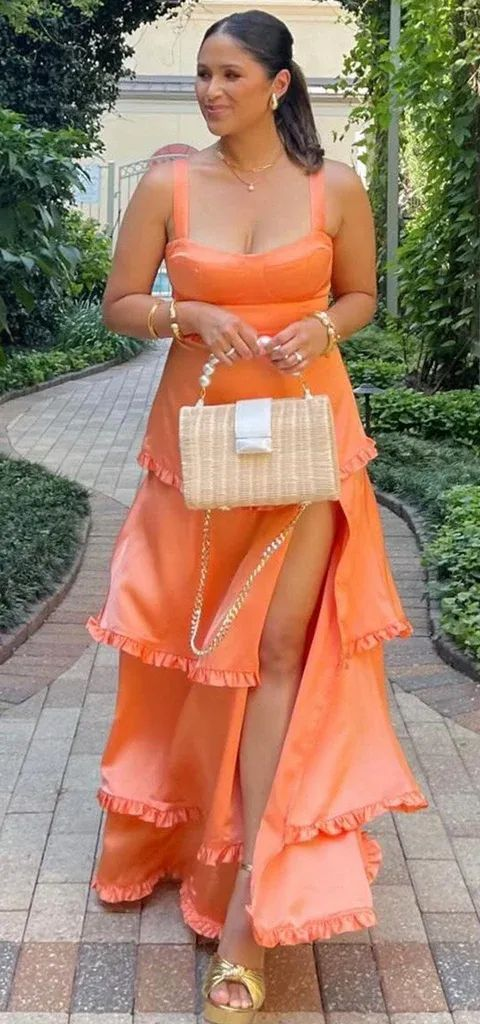 Elegant A-Line Side Slit Ruffle Satin Long Prom Dress for Bridesmaids - J4547 | Perfect for Weddings, Formal Dances & Special Occasions