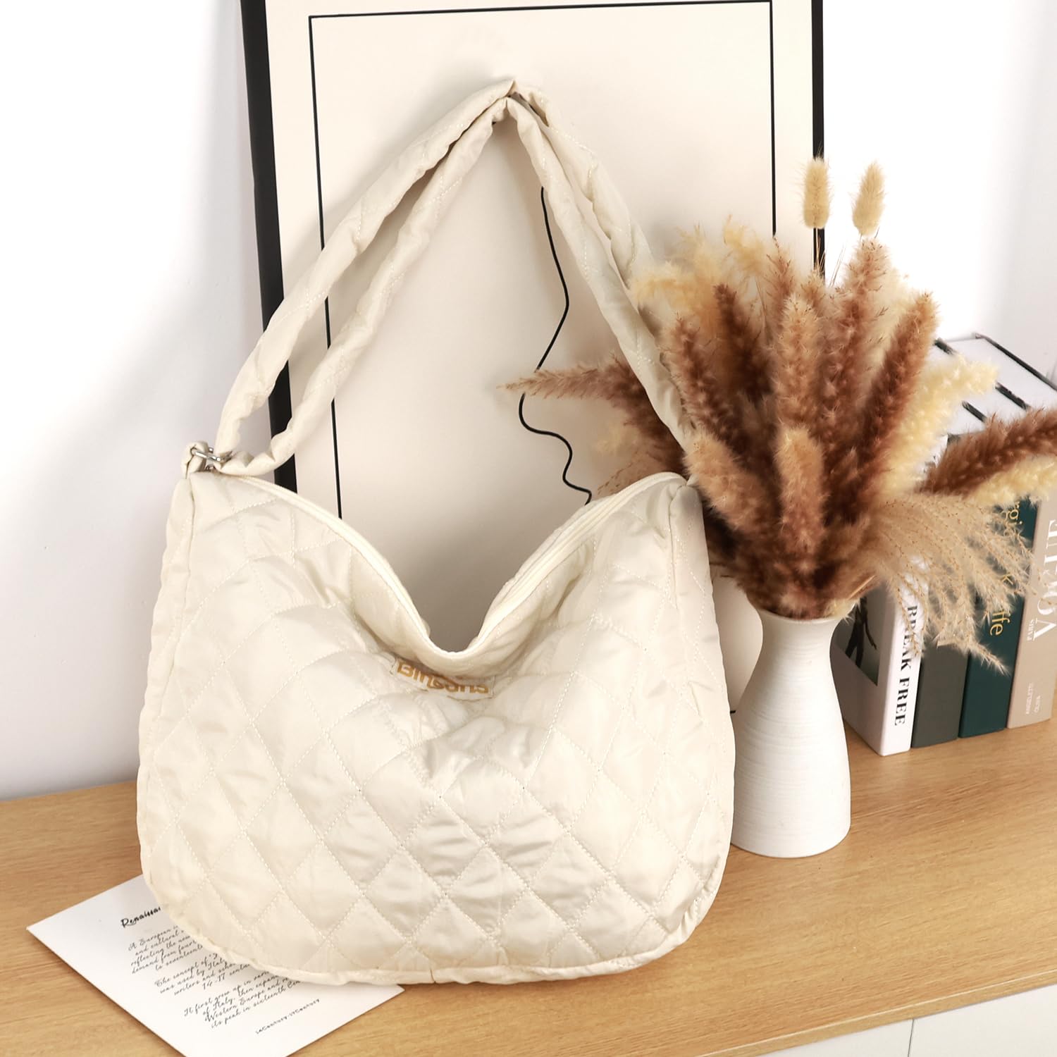BINSUNS Women's Quilted Shoulder Bag - Lightweight Puffer Tote for Work & Travel