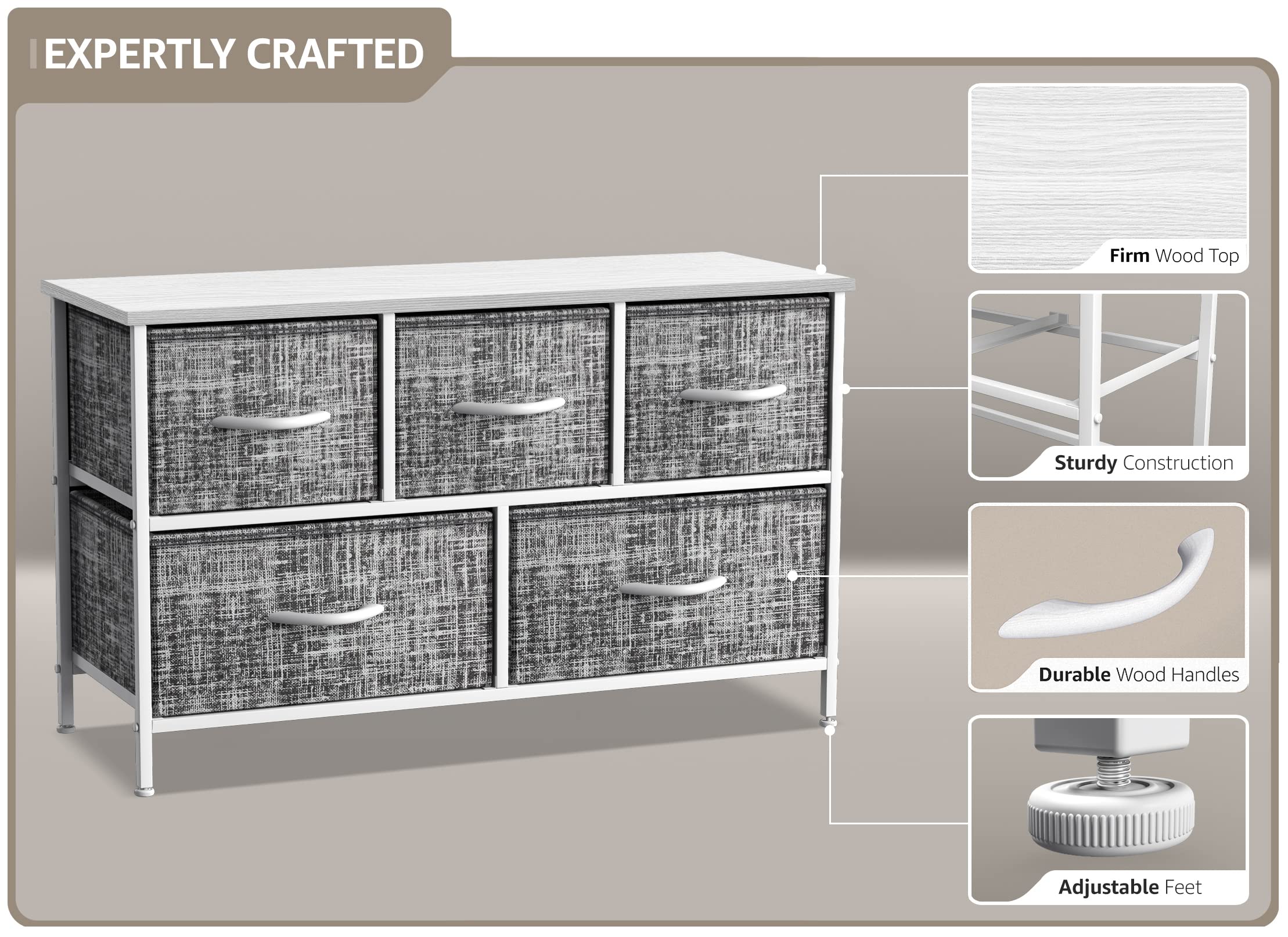Sorbus 5-Drawer Dresser with Steel Frame & Wood Top - Storage Chest Organizer with Easy Pull Fabric Bins - Wide TV Stand for Bedroom, Hallway, Closet & Office Organization - Perfect for Small Space Storage & Home Decor