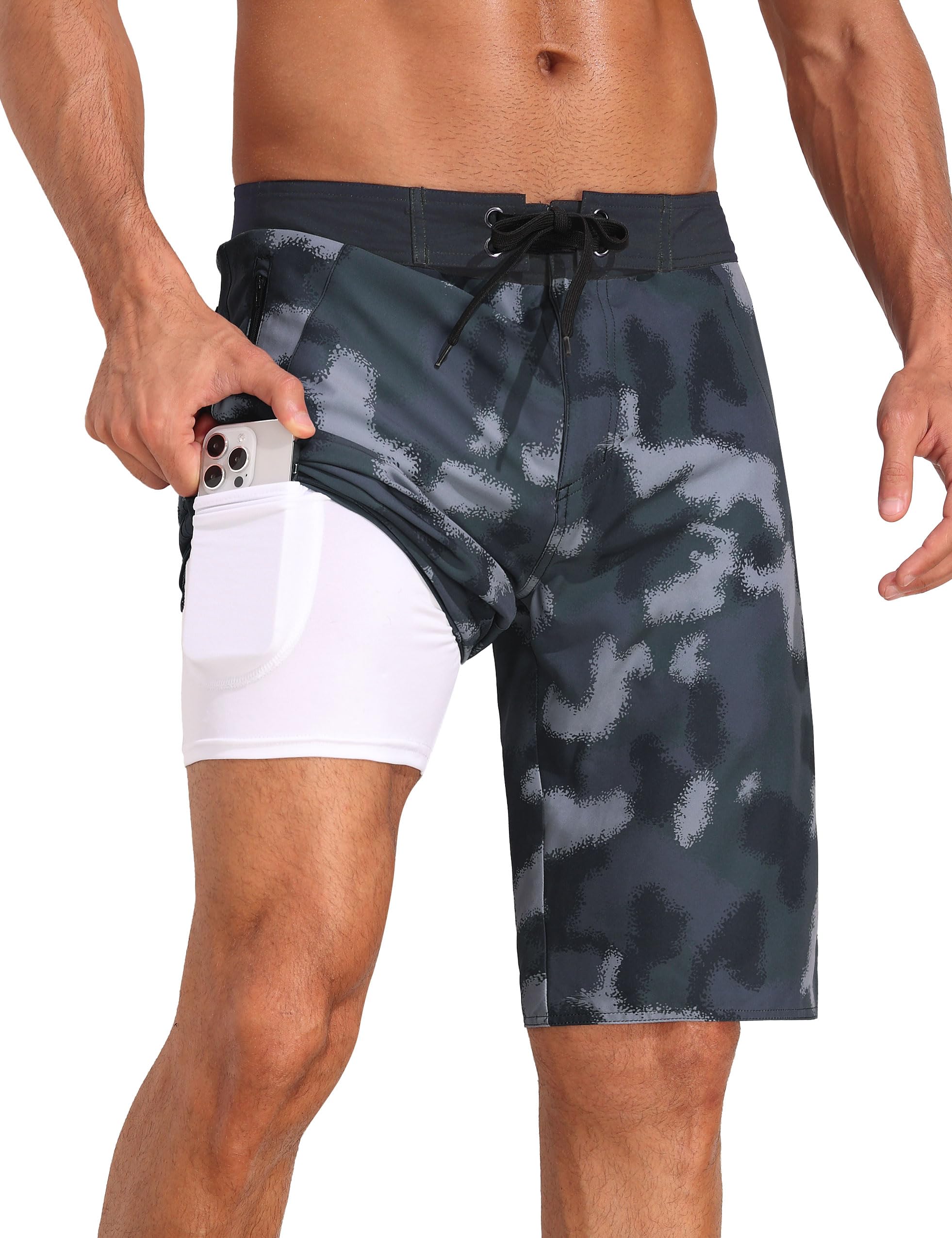 **Men's Quick-Dry Swim Trunks with Compression Liner - 2-in-1 Cargo Board Shorts with Pockets for Swimming, Surfing & Beach Activities**