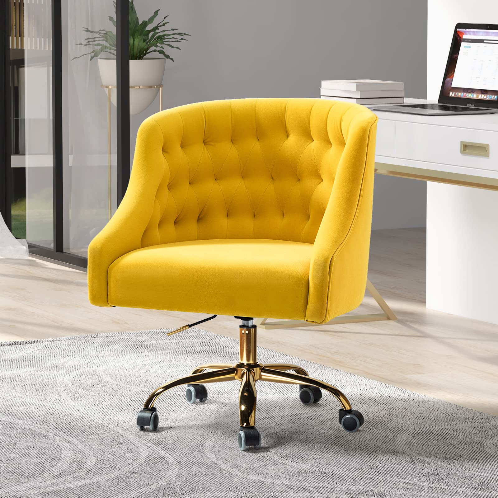 Luxury Velvet Home Office Chair with Gold Base - Adjustable Swivel Task Chair for Living Room, Bedroom & Study - Modern Ergonomic Desk Chair for Women - Perfect for Work From Home, Gaming & Vanity Areas (Yellow)