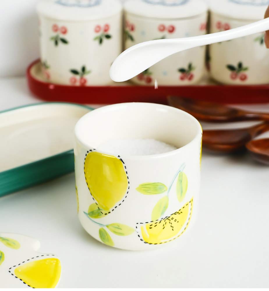 Ceramic Sugar Bowl with Lid and Spoon - Handcrafted Fruit Print Spice Jar for Kitchen Storage - Perfect for Tea, Coffee, Baking & Pantry Organization