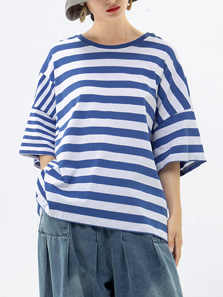Buykud 100% Cotton Striped Casual T-Shirt for Women Plus Size - Comfortable & Stylish Everyday Wear for Work, Travel & Relaxation