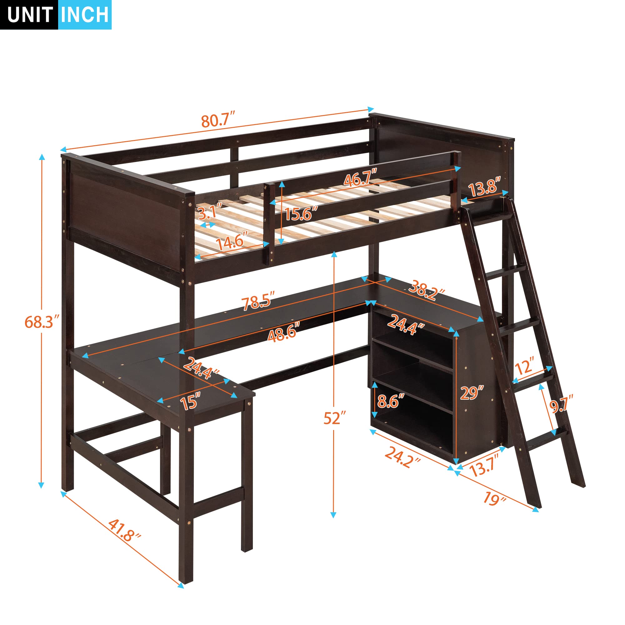 SOFTSEA Twin Loft Bed with Desk & Storage - Wooden Bunk Bed Frame with Shelves for Kids, Teens, Boys & Girls - Perfect for Dorm Rooms, Small Spaces & Bedroom Organization - Espresso Finish