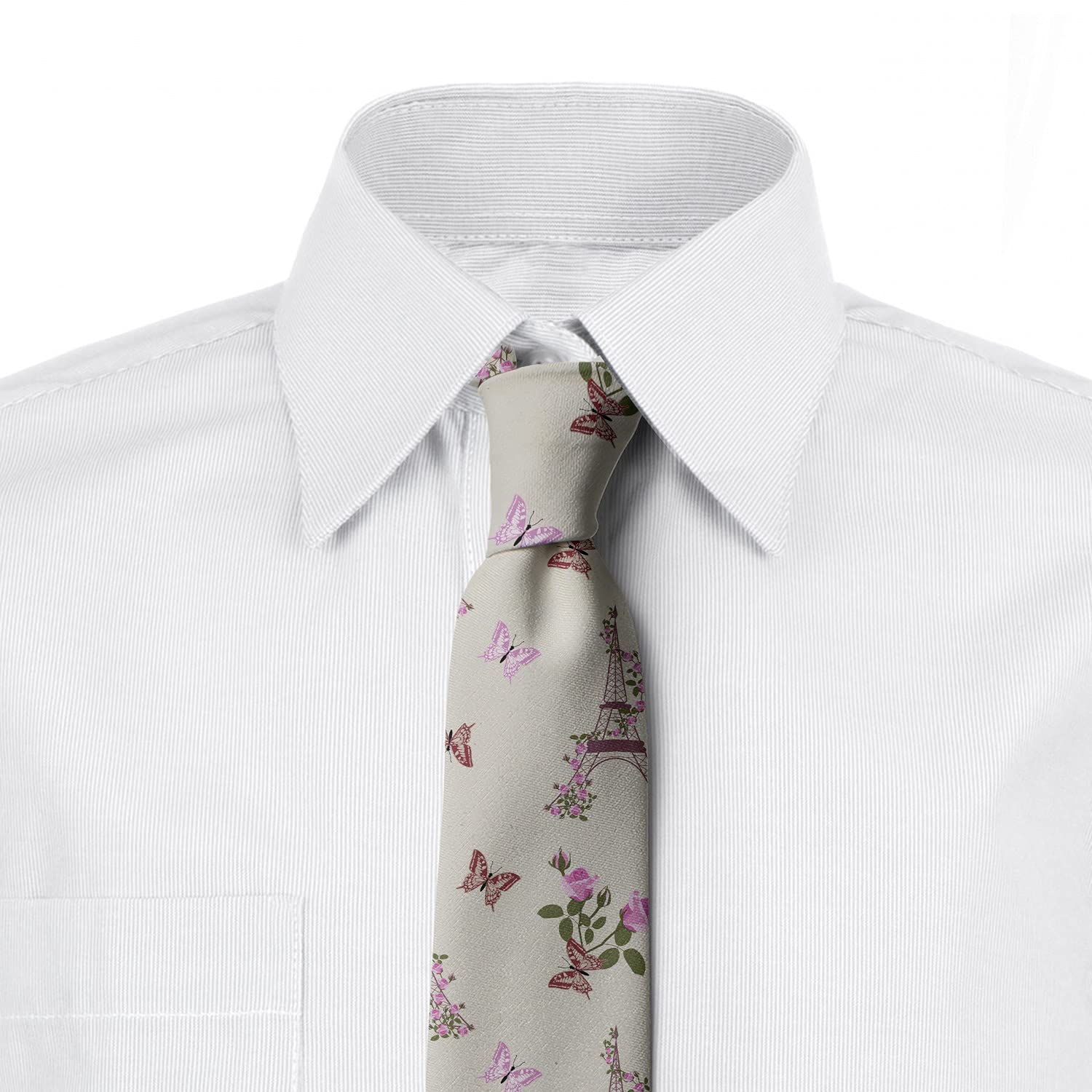 Ambesonne Men's Necktie - Elegant Eiffel Tower with Rose Ivy Design, 3.7