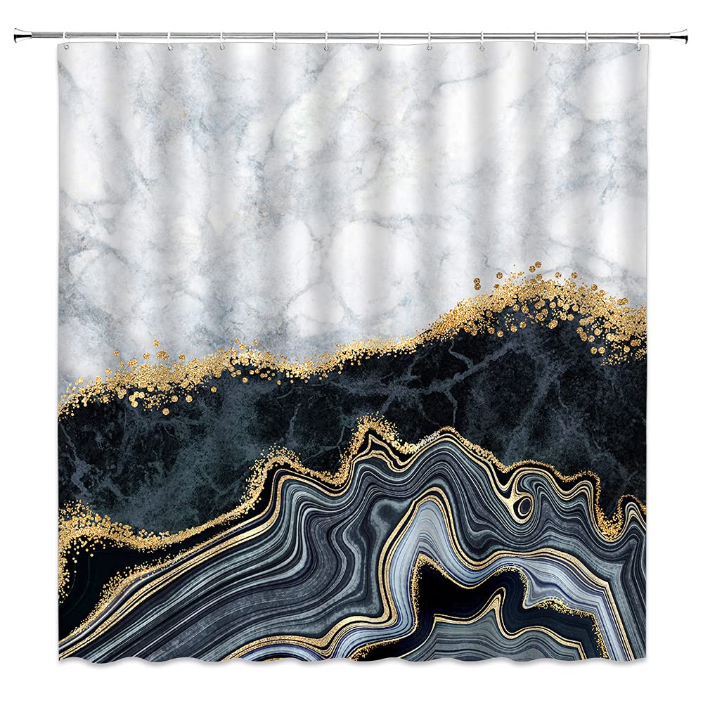 Blue Black Marble Shower Curtain with Abstract Glitter Golden Cracked Lines - Modern Luxury Bathroom Decor for Home & Hotel Use - Waterproof Fabric Set with Hooks - Perfect for Spa, Master Bath or Guest Bathroom