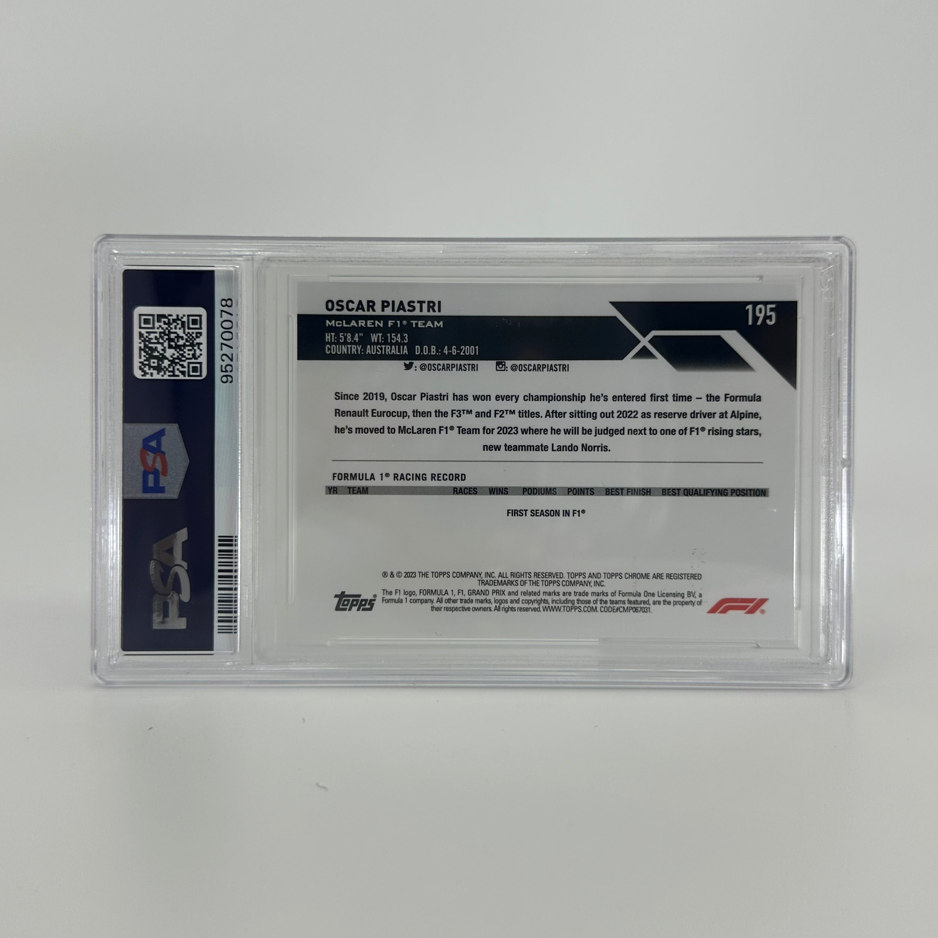 2023 Topps Chrome F1 Oscar Piastri #195 PSA 9 Rookie Card - 58/99 Aqua Sapphire Edition | Collectible Racing Memorabilia for F1 Fans & Card Collectors